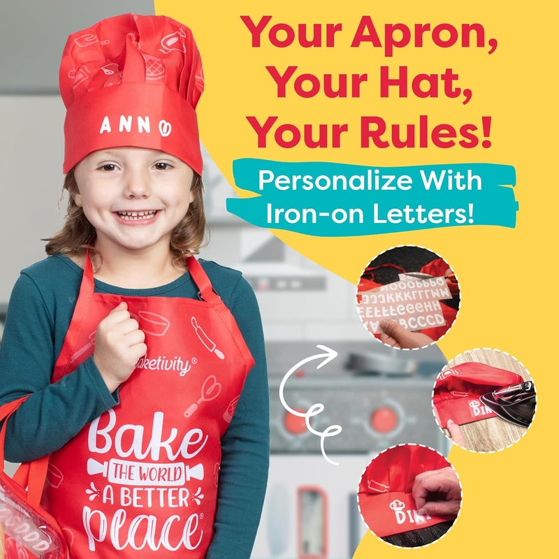 Baketivity Kids Chef Hat and Apron Set for Boys & Girls - One Size Fits All (Adjustable) - Premium, Washable Apron and Hat Set for Cooking - Young Chefs & Junior Bakers Chef Outfit for Kids - Image 4